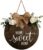 NC MaySunset Home Sweet Home Wreaths Decor Sign Front Door, Round Wood Hanging Sign with Ribbon Bow and Artificial Green Leaves, Farmhouse Porch Decorations for Home Thanksgiving, Brown